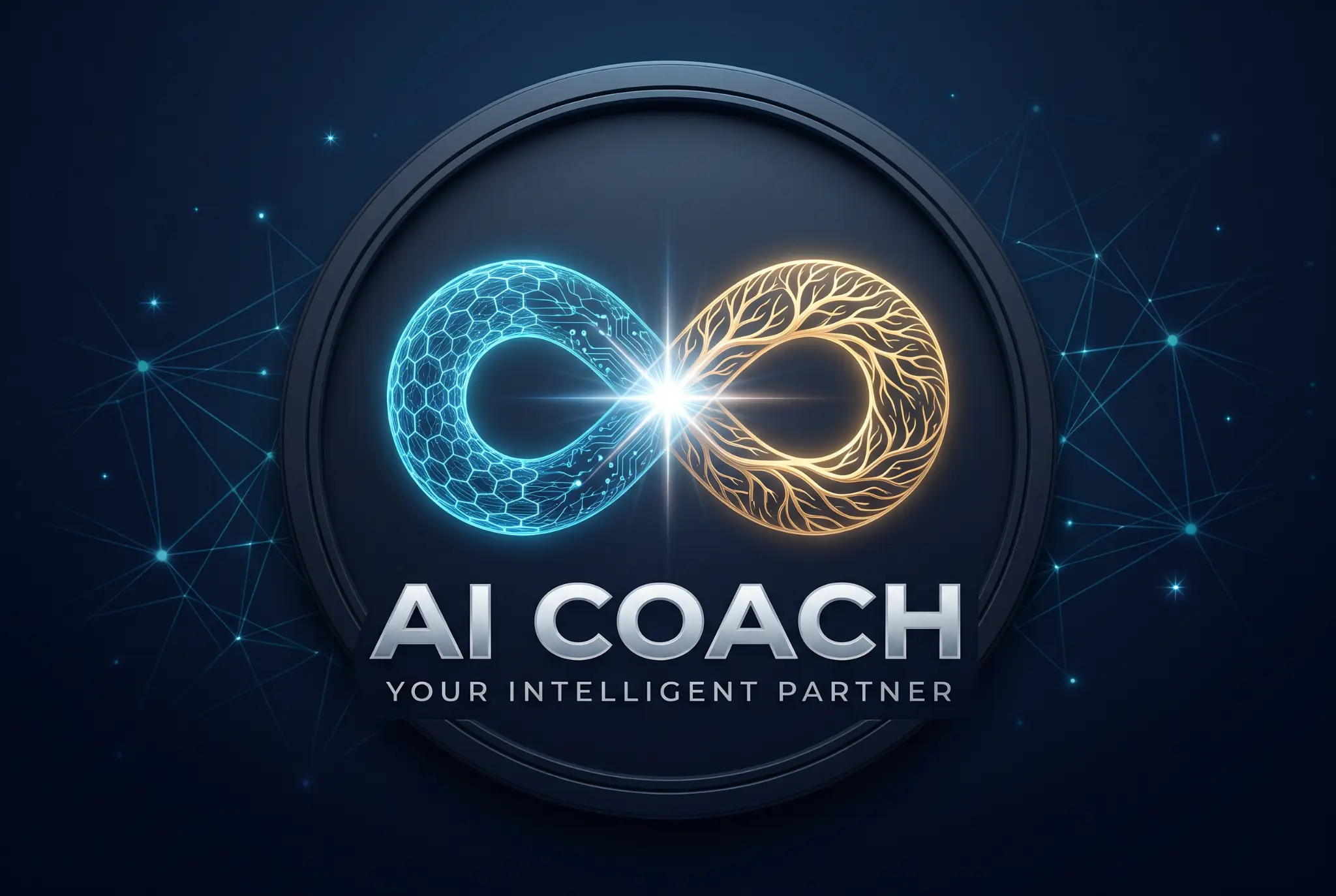 Emblema de AI Coach: símbolo infinito dual que une un nodo tecnológico azul y un árbol de conocimiento dorado, con un spark central de encuentro